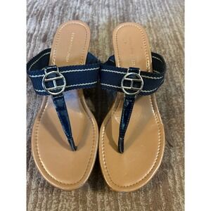 Tommy Hilfiger Wedge Sandals Thong Navy Blue Gold‎ Accents Size 8.5M